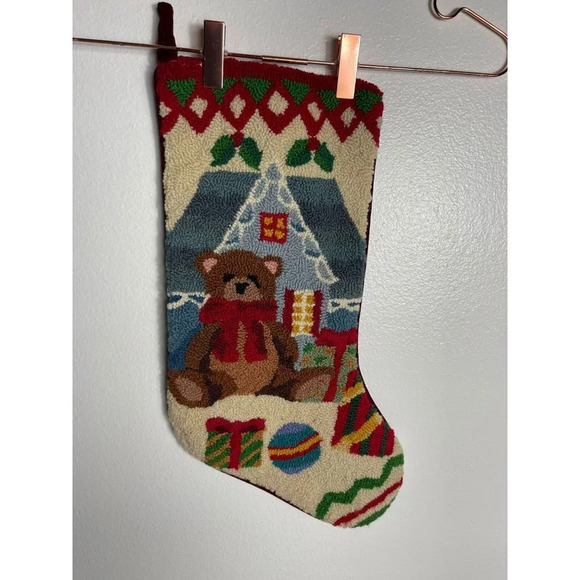Teddy Bear Handmade Needlepoint Velvet Christmas Stockings Hanging Loop Decor - Picture 1 of 6